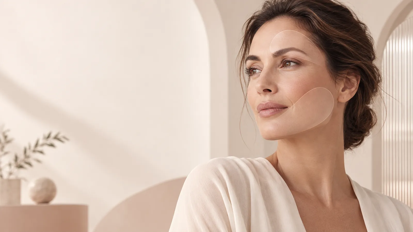 Donna di profilo in uno studio luminoso, con sagome chiare su fronte e guancia che richiamano le zone trattate con botox e filler